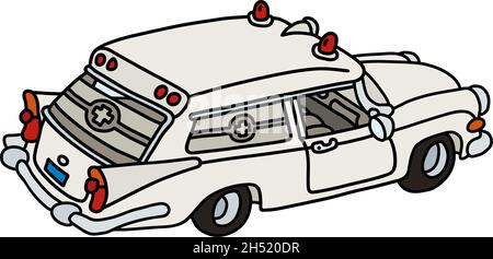 Il disegno a mano vettorizzato di una vecchia ambulanza bianca divertente Illustrazione Vettoriale