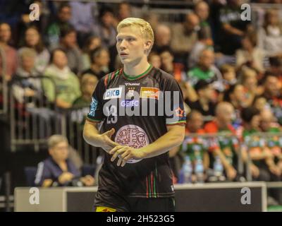 Giocatore di pallamano danese Magnus Saugstrup SC Magdeburg Handball EHF Cup Game Season 2021-22 SC Magdeburg - PAUC Handball nella GETEC Arena Magdeburg Foto Stock