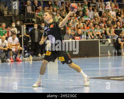 Dutch Handball Player Kay Smit SC Magdeburg Handball EHF Cup Game Season 2021-22 SC Magdeburg - PAUC Handball nella GETEC Arena Magdeburg Foto Stock