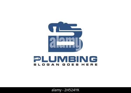 B iniziale per il modello del logo del servizio Plumbing, icona del logo del servizio Water. Illustrazione Vettoriale