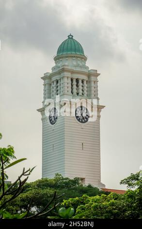 Torre dell'Orologio del Victoria Theatre e Sala dei Concerti presso Empress Place. Foto Stock