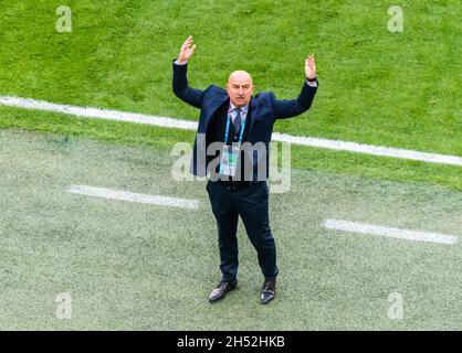 San Pietroburgo, Russia – 16 giugno 2021. Allenatore nazionale di calcio russo Stanislav Cherchesov durante la partita EURO 2020 Finlandia vs Russia (0-1). Foto Stock