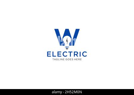 Logo W Letter con lampadina e fulmine. Lettera del bullone elettrico. Illustrazione Vettoriale