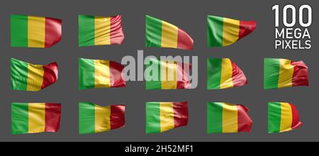 Mali flag isolato - diversi rendering realistici della bandiera ondulata su sfondo grigio - illustrazione 3D oggetto Foto Stock