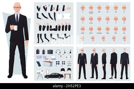 Old businessman in Black Suit character creation set, Front, Side, Back view animated character Man Premium Vector Illustrazione Vettoriale