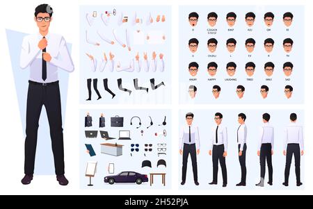 Set per la creazione di personaggi con Business Man in White Shirt, Lip Sync, gesti delle mani e oggetti Premium Vector. Illustrazione Vettoriale