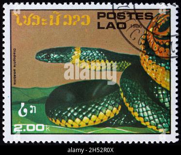 LAOS - CIRCA 1986: Un francobollo stampato in Laos mostra serpente a collo anulare, diadophis amabilis, è una specie innocua trovata in tutti gli Stati Uniti, c Foto Stock