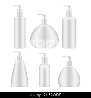 Flacone cosmetico con dispenser, set per mockup realistico. Contenitori per il confezionamento di prodotti di bellezza isolati su sfondo bianco, vettoriali Illustrazione Vettoriale