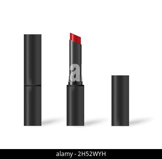 Rossetto rosso in tubo nero, mock-up vettoriale. Aperto e chiuso. Lip rouge su sfondo bianco, immagine realistica mockup Illustrazione Vettoriale