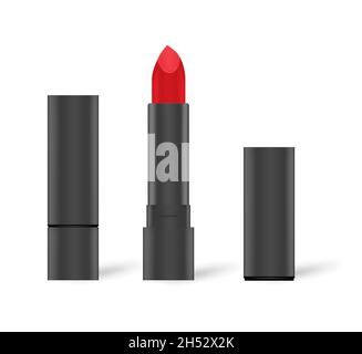 Rossetto rosso classico in tubo nero, mockup. Aperto e chiuso. LIP rouge isolato su sfondo bianco, illustrazione vettoriale Illustrazione Vettoriale