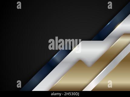 Blu astratto, oro, bianco strisce diagonali metallizzate forme geometriche con linee dorate lucide su sfondo nero di lusso stile. Illustrazione vettoriale Illustrazione Vettoriale