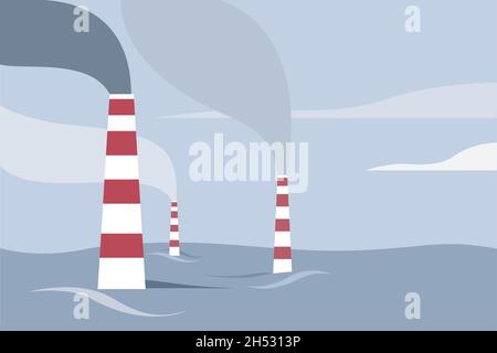 Illustrazione concettuale dei tubi di scarico della fabbrica immersi in fumi che emettono acqua di alluvione. Concetto di riscaldamento globale Illustrazione Vettoriale