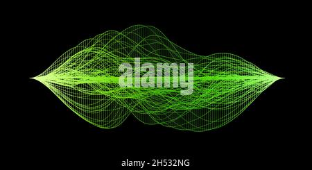 Visualizzazione astratta delle onde sonore audio, struttura a wireframe verde su sfondo nero Foto Stock