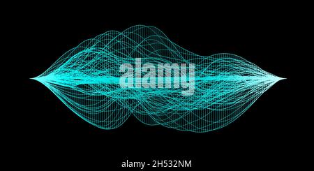 Visualizzazione astratta delle onde sonore audio, struttura a wireframe turchese su sfondo nero Foto Stock