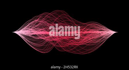 Visualizzazione astratta delle onde sonore audio, struttura a wireframe rossa su sfondo nero Foto Stock