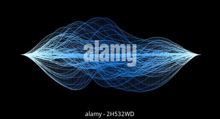 Visualizzazione astratta delle onde sonore audio, struttura a wireframe blu su sfondo nero Foto Stock