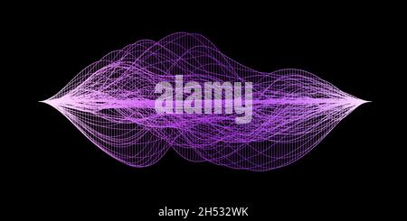 Visualizzazione astratta delle onde sonore audio, struttura a wireframe viola su sfondo nero Foto Stock