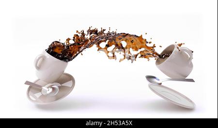 il caffè fuoriesce da una tazza in un'altra isolata su sfondo bianco, rendering 3d Foto Stock