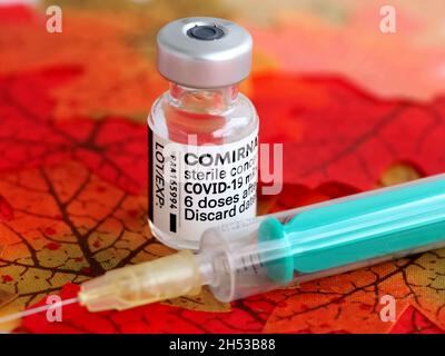 Comirrnaty Biontech Pfizer fiala di vaccinazione con una siringa contro il virus covid-19 o Corona su foglietti rossi Foto Stock