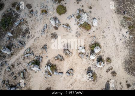 Alto angolo drone vista di Pobiti Kamani - pietre piantate chiamato anche deserto di pietra, deserto-come fenomeno di roccia nella provincia di Varna in Bulgaria Foto Stock