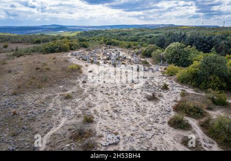 Veduta aerea di Pobiti Kamani - pietre piantate anche chiamato deserto di pietra, fenomeno roccioso tipo deserto nella provincia di Varna in Bulgaria Foto Stock