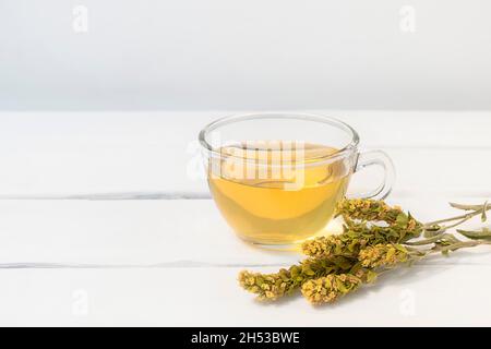 Tazza di vetro di tè alle erbe con Mursalski Chai ed erbe essiccate su tavola di legno bianco con spazio copia Foto Stock