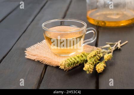 Tè Bulgaro di montagna Mursalski tè in una tazza di vetro su tavolo di legno scuro con foglie e fiori secchi Foto Stock