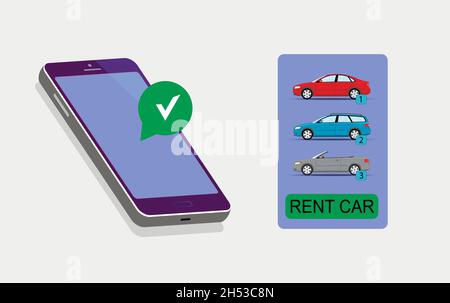 Noleggio auto online. Immagine isometrica di uno smartphone con applicazione di noleggio auto online. Illustrazione Vettoriale