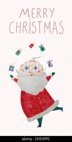 Biglietto di auguri Babbo Natale carino con regali su sfondo bianco con testo Buon Natale. Acquerello. Disegno verticale a mano per la collezione dei bambini, New YE Foto Stock