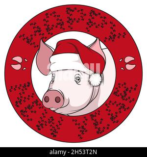 Disegno a colori di un maiale in un cappellino di Capodanno e un'iscrizione con congratulazioni dai tracciati. Illustrazione vettoriale su sfondo bianco. Illustrazione Vettoriale