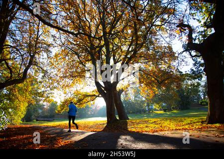 Londra, Inghilterra, Regno Unito. 5 novembre 2021. La gente cammina tra il fogliame giallo, orangastro e verdastro autunnale al Sunny Hill Park di Londra, Regno Unito, il 05 novembre 2021. Credit: Rasid Aslim/ZUMA Wire/Alamy Live News Foto Stock
