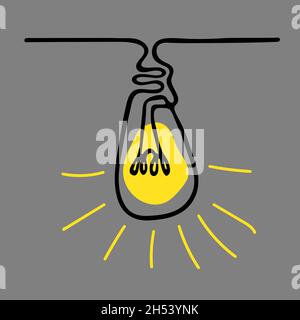 Lampadina singola disegnata con linea continua. Simbolo idea con raggi su sfondo grigio. Illustrazione vettoriale. Illustrazione Vettoriale