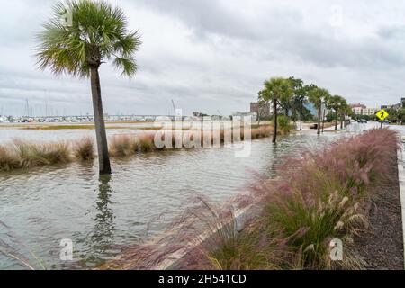 Charleston, Stati Uniti. 6 novembre 2021. Lockwood Road nel quartiere storico è chiuso al traffico dopo record King Tides combinato con un sistema a secco offshore a bassa pressione che alluvione al centro del 6 novembre 2021 a Charleston, South Carolina. Il cambiamento climatico e l'aumento del livello del mare hanno aumentato le inondazioni di quasi 10 volte negli ultimi dieci anni lungo la costa di Charleston. Credit: Richard Ellis/Richard Ellis/Alamy Live News Foto Stock