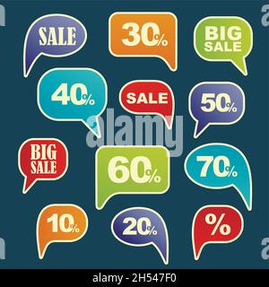 Sconto sulle bolle vocali di vendita al dettaglio. Grande vendita. 30, 50, 70% Illustrazione Vettoriale