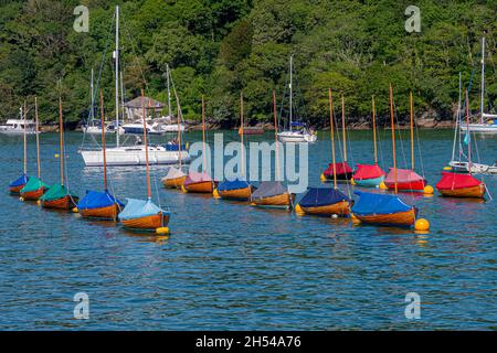 Una linea di gommoni Fowey River Class raffigurati sul fiume Fowey, Cornovaglia meridionale, Regno Unito. Foto Stock