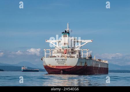 Due enormi navi da carico alla rinfusa sono ancorate nelle Isole Gulf della British Columbia, in attesa di accedere al porto di Vancouver - un problema che ha causato molta preoccupazione pubblica locale. Foto Stock