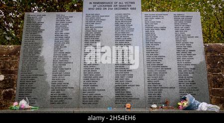 Memoriale al 1988 downing del volo Pan Am 103 sopra la città scozzese di Lockerbie con la conseguente morte di 259 a bordo e 11 a terra. Foto Stock