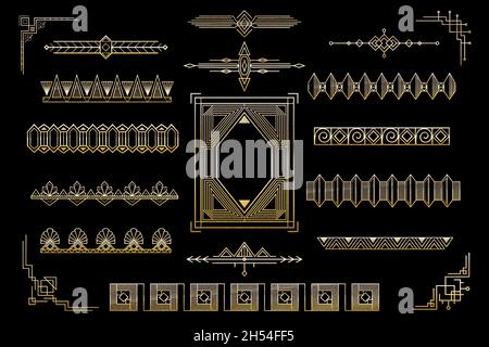 Set di elementi decorativi in stile art deco dorato. Raccolta di cornici, divisori e bordi. Illustrazione Vettoriale