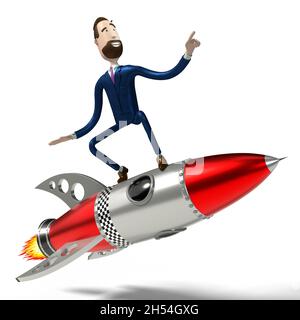 Bel fumetto uomo d'affari che guida su razzo giocattolo, sfondo bianco - illustrazione 3D Foto Stock