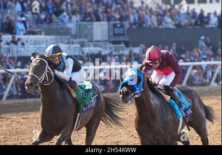 Del Mar, California, Stati Uniti. 6 novembre 2021. Aloha West, guidato da Jose Ortiz, vince la Qatar Racing Breeders' Cup Sprint sul Breeders' Cup Championship Sabato al del Mar Thoroughbred Club il 6 novembre 2021: A del Mar, California. Shamela Hanley/Breeders' Cup/Eclipse Sportswire/CSM/Alamy Live News Foto Stock