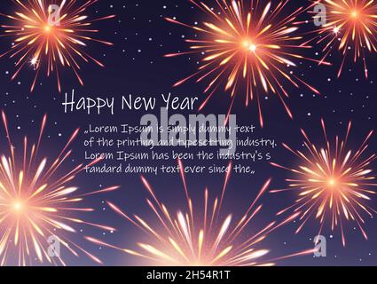 Felice anno nuovo, biglietto di auguri, vettore sfondo fuochi d'artificio Illustrazione Vettoriale