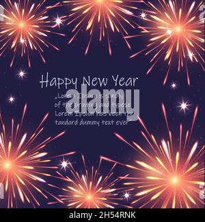 Felice anno nuovo, sfondo fuochi d'artificio, biglietto di auguri vettore Illustrazione Vettoriale