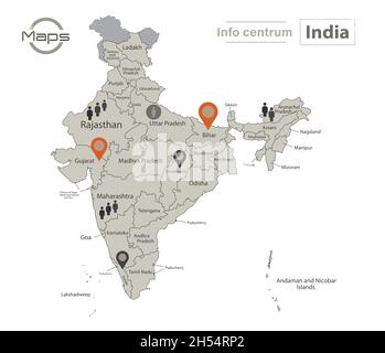 India mappa, singole regioni con nomi, infografica e icone vettore Illustrazione Vettoriale