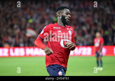 Jonathan BAMBA 7 LOSC durante il campionato francese Ligue 1 partita di calcio tra LOSC Lille e SCO Angers il 6 novembre 2021 allo stadio Pierre Mauroy di Villeneuve-d'Ascq vicino Lille, Francia - Foto: Laurent Sanson/DPPI/LiveMedia Foto Stock