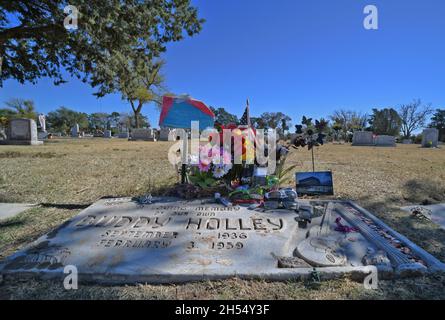 Il cimitero di Lubbock, musicista del Texas e Buddy Holly nativo. Un giovane musicista rock and roll che ha originato rockabilly e rock and roll. Foto Stock