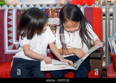 St. Paul, Minnesota. Scuola charter per l'Hmong. Scuola materna studenti in un programma di alfabetizzazione. Studenti Hmong che leggono in classe. Foto Stock