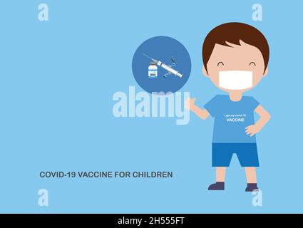 Vaccino Covid-19 per bambini. Messenger RNA approvato per la vaccinazione in bambino giovane. Illustrazione vettoriale. Illustrazione Vettoriale