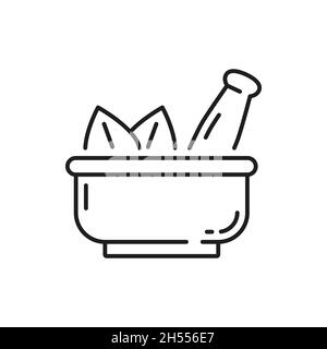 Ciotola di polvere termale mortaio isolato e pestello sottile linea icona. Vettore erbe o ginseng zenzero in polvere, foglie di alloro di erbe in polvere, aromi orientali di cos Illustrazione Vettoriale