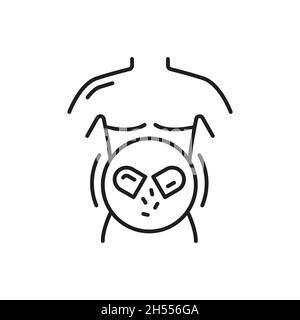 Corpo umano con buona digestione a causa di batteri probiotici isolato contorno icona. Sistema lassativo vettoriale con lactobacillus e pillole prebiotiche in capsul Illustrazione Vettoriale