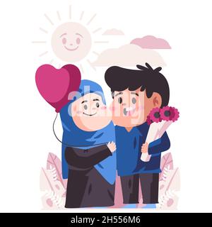Coppia romantica musulmana con abito blu celebrare l'anniversario, il marito è in possesso di un bouquet di fiori e sua moglie ha il balon cartoon colore piatto Illustrazione Vettoriale